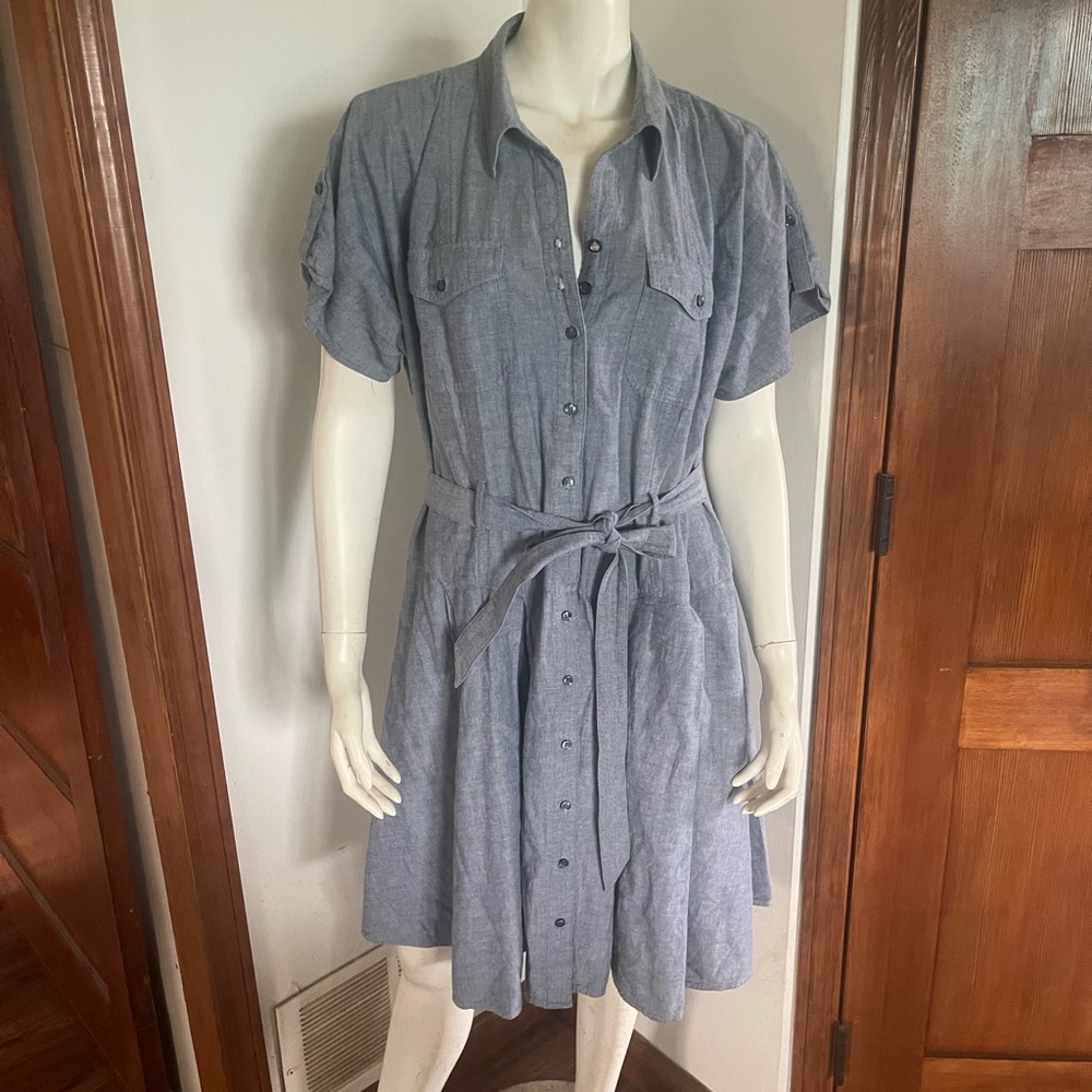 100% Cotton Faded Glory Charcoal Button-Up Midi Dress